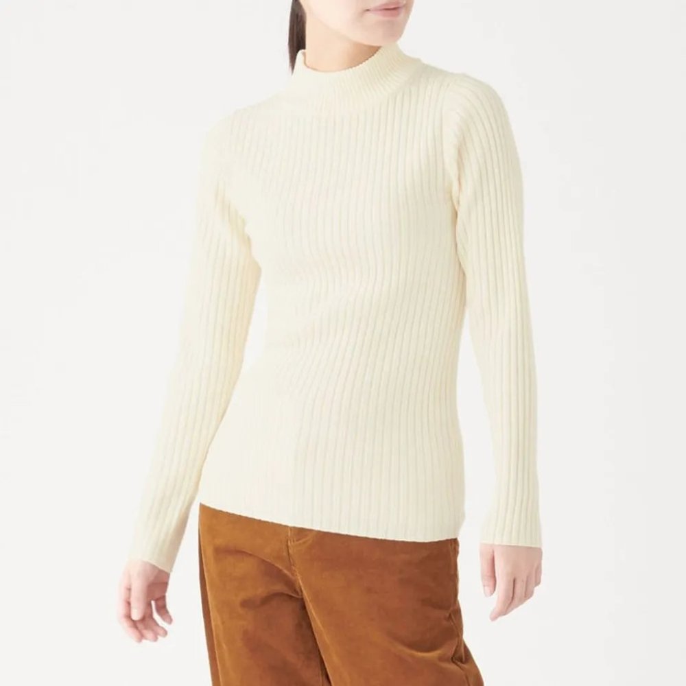 Muji Non Itchy Rib Knit High Neck Jumper Cream XL NWOT